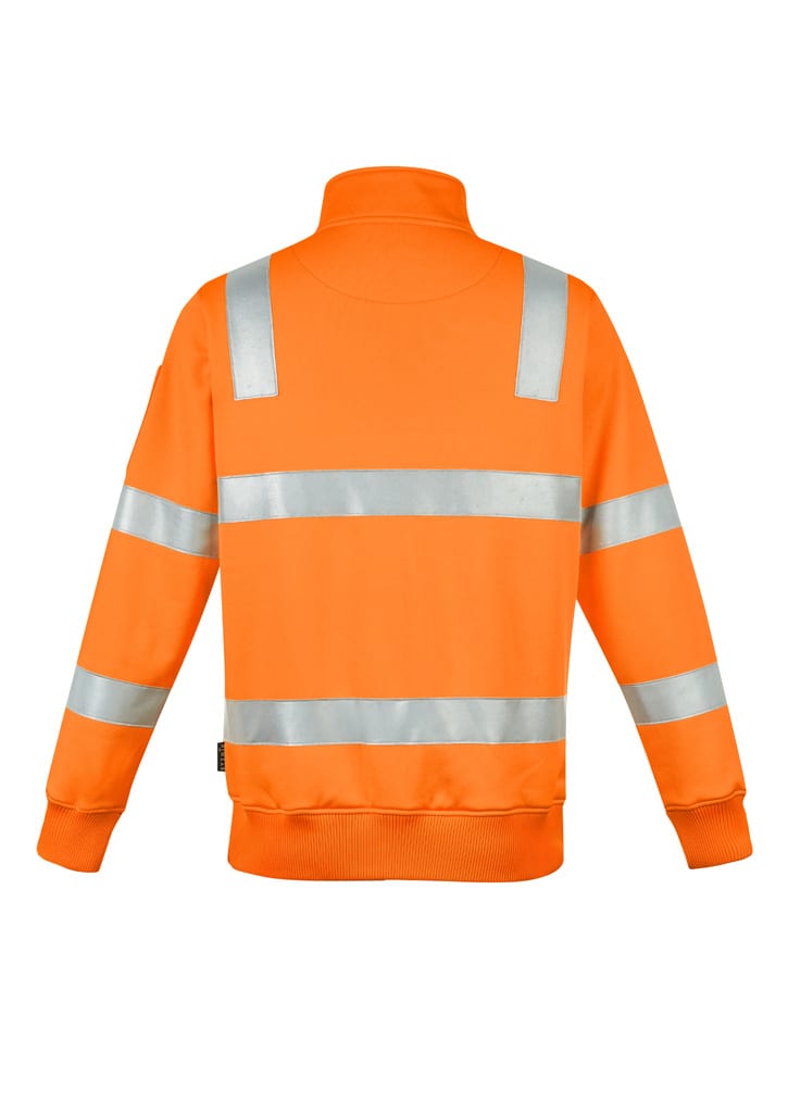 A unisex high-visibility pullover in bright orange with reflective stripes. Features a collar and long sleeves.