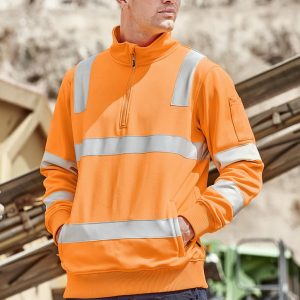Unisex hi-vis pullover in bright orange, featuring reflective strips and a quarter zip. Includes a logo on the sleeve.