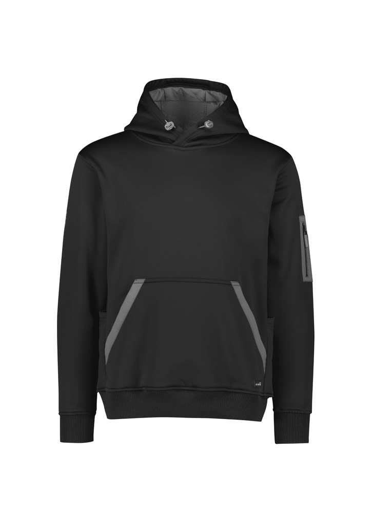A black unisex water-resistant hoodie with a grey interior and a logo on the sleeve, worn by a man.