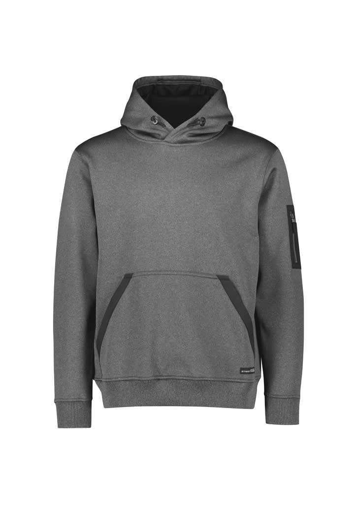A black unisex water-resistant hoodie featuring a hood and a sleeve logo. The back view showcases a sleek design.