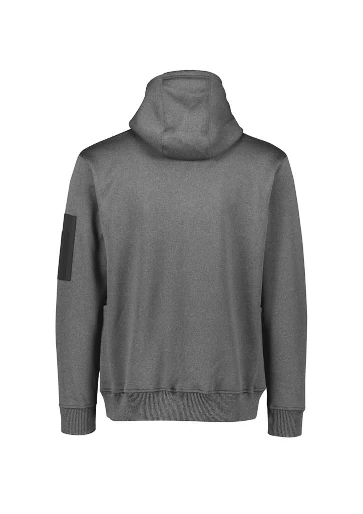 A bright yellow unisex water-resistant hoodie with black detailing, featuring a logo, worn by a person working on surfboards.