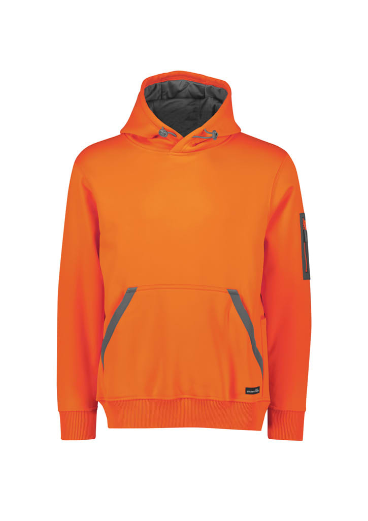 An orange unisex water-resistant hoodie with a logo, featuring a male model.