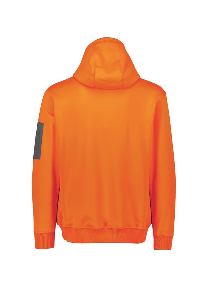 An orange unisex water-resistant hoodie features a contrast black zippered pocket on the sleeve and has a logo.