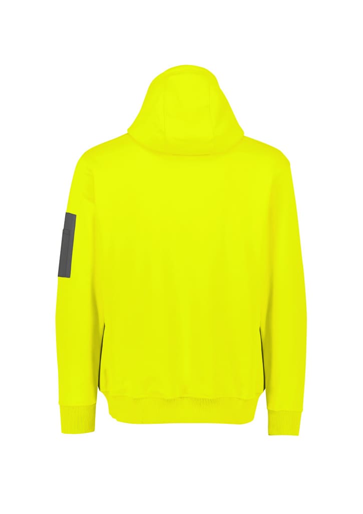 A close-up of a black water-resistant hoodie with a logo on the sleeve, featuring droplets of water on the fabric.