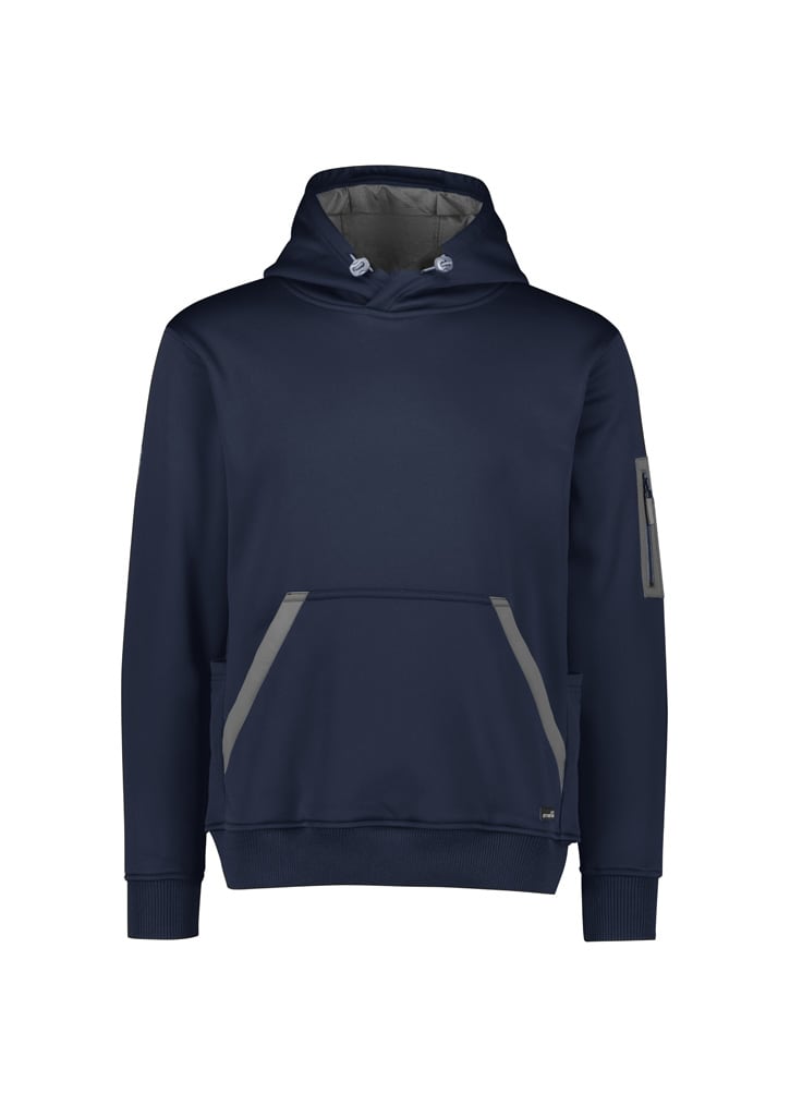A bright yellow unisex water-resistant hoodie featuring a hood and a black logo on the sleeve.