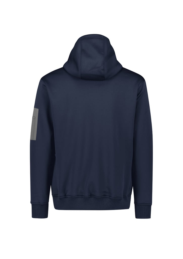 A navy unisex water-resistant hoodie with a logo, featuring a drawstring hood and side detailing.