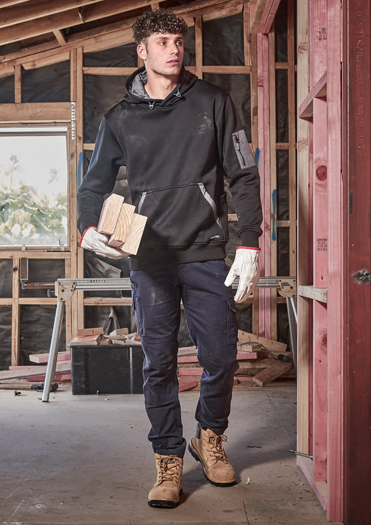 An orange unisex water-resistant hoodie with a grey lined hood and branding on the sleeve.