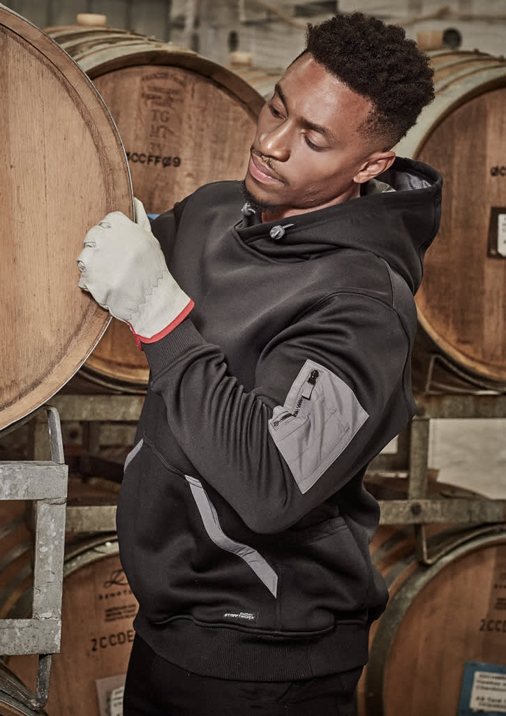 An orange unisex water-resistant hoodie with a hood and a logo on the sleeve.