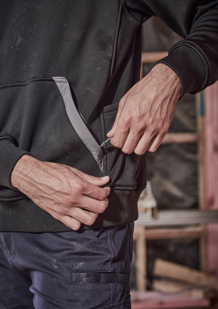 A unisex, black water-resistant hoodie with a front pocket and grey detailing, designed for workwear.