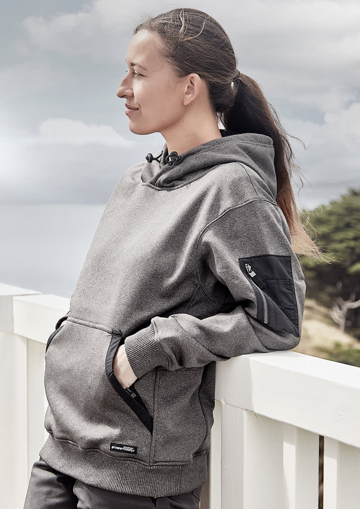 A black unisex water-resistant hoodie featuring a pocket and logo, with a sleek design.