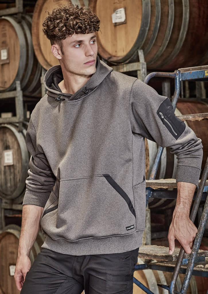 A black unisex water-resistant hoodie featuring a front pocket and an arm logo. Ideal for workwear.