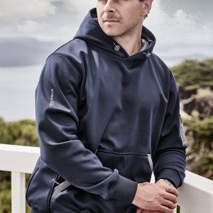 A navy unisex water-resistant hoodie with a front pocket and drawstring hood is displayed outdoors. It features a logo.