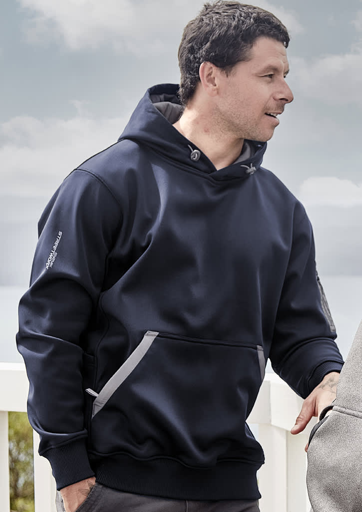 A bright yellow unisex water-resistant hoodie with a grey interior and a logo on the sleeve.