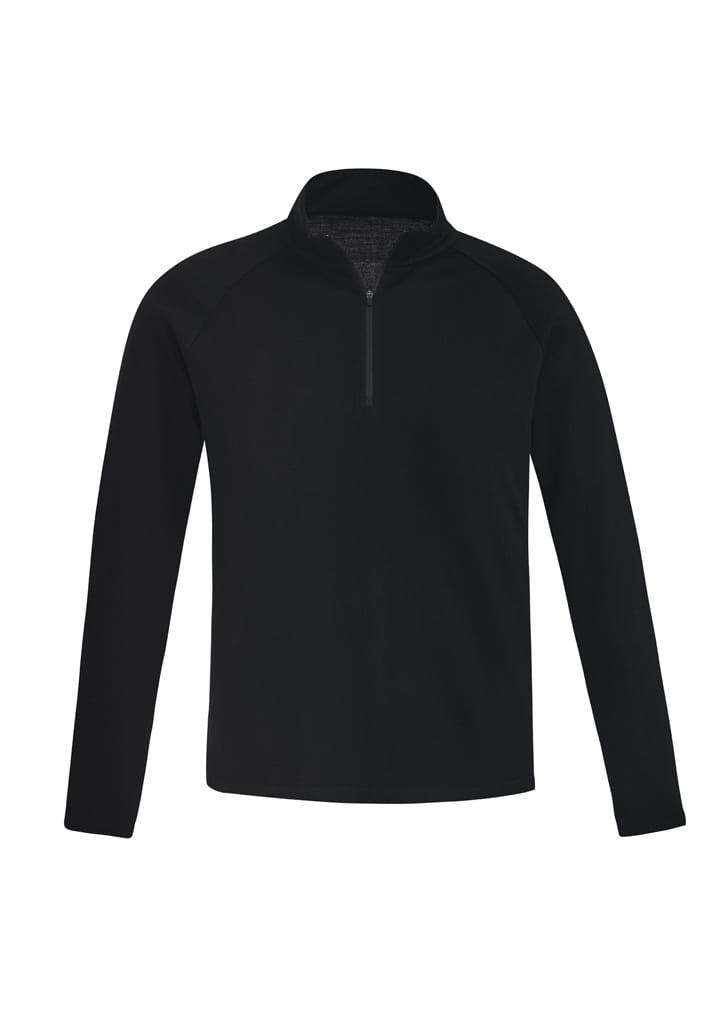 A black unisex Merino wool mid-layer pullover with a quarter-zip collar and long sleeves.