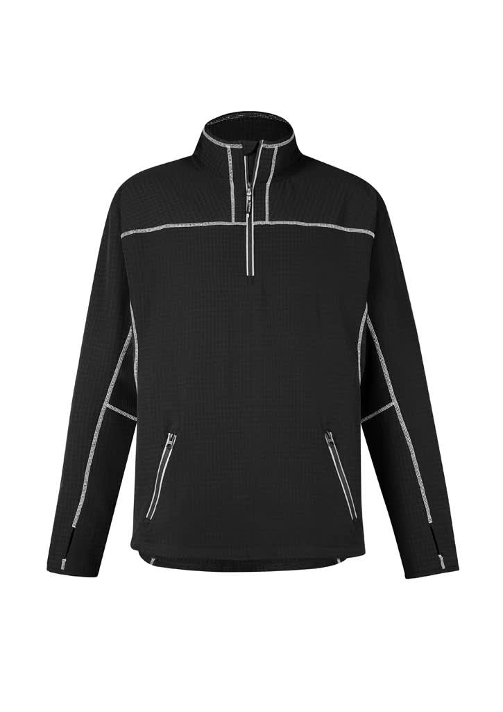 A black mid-layer jacket with white detailing, featuring a half zipper and two front pockets. It has a logo.