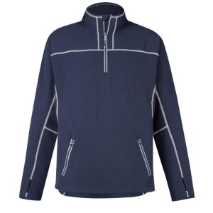 A dark navy mid-layer jacket with a half-zipper and contrasting white stitching, featuring two front pockets and a logo.