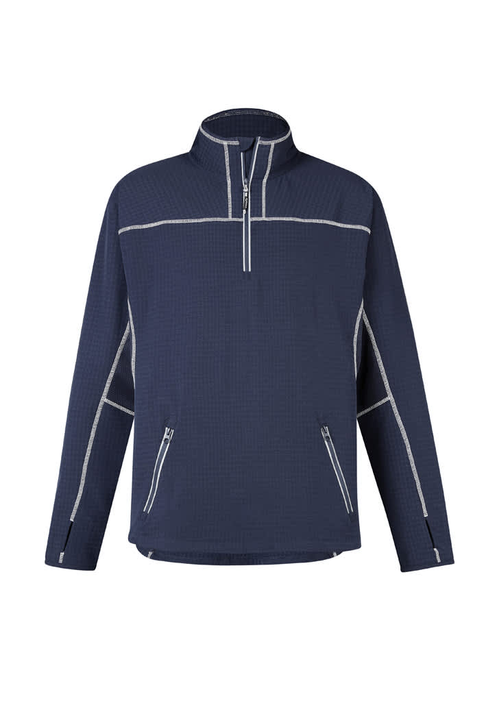 A dark navy mid-layer jacket with a half-zipper and contrasting white stitching, featuring two front pockets and a logo.