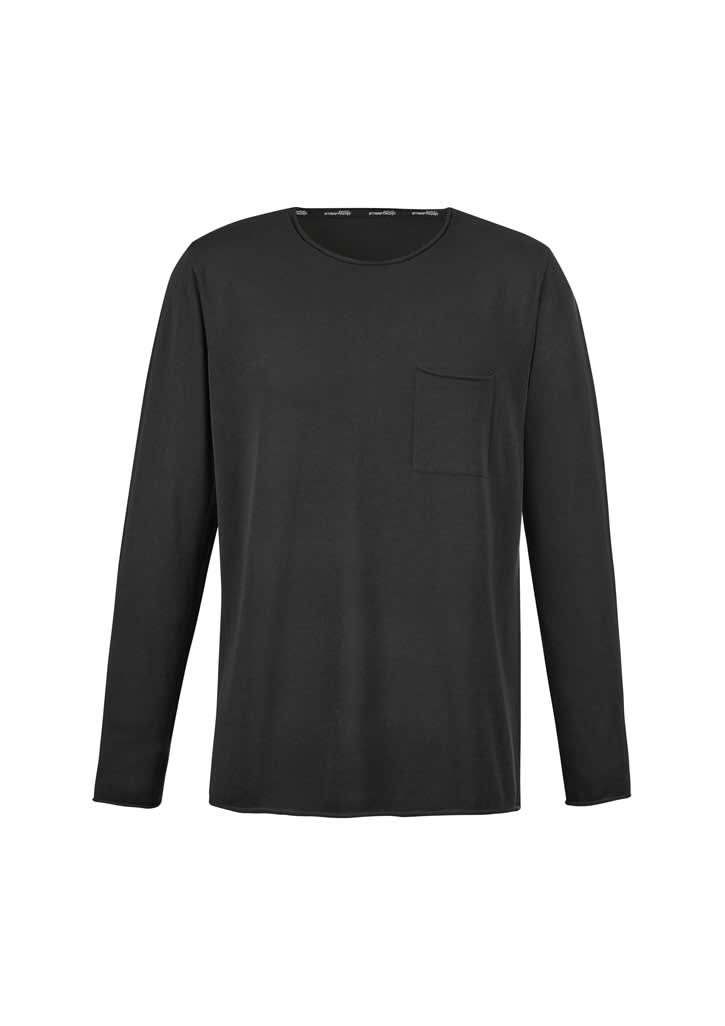 A black unisex pullover with long sleeves and a chest pocket. It features a branding logo.