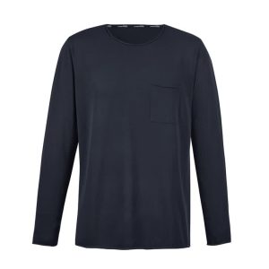 A unisex long-sleeve pullover in navy, featuring a pocket on the front and a logo.