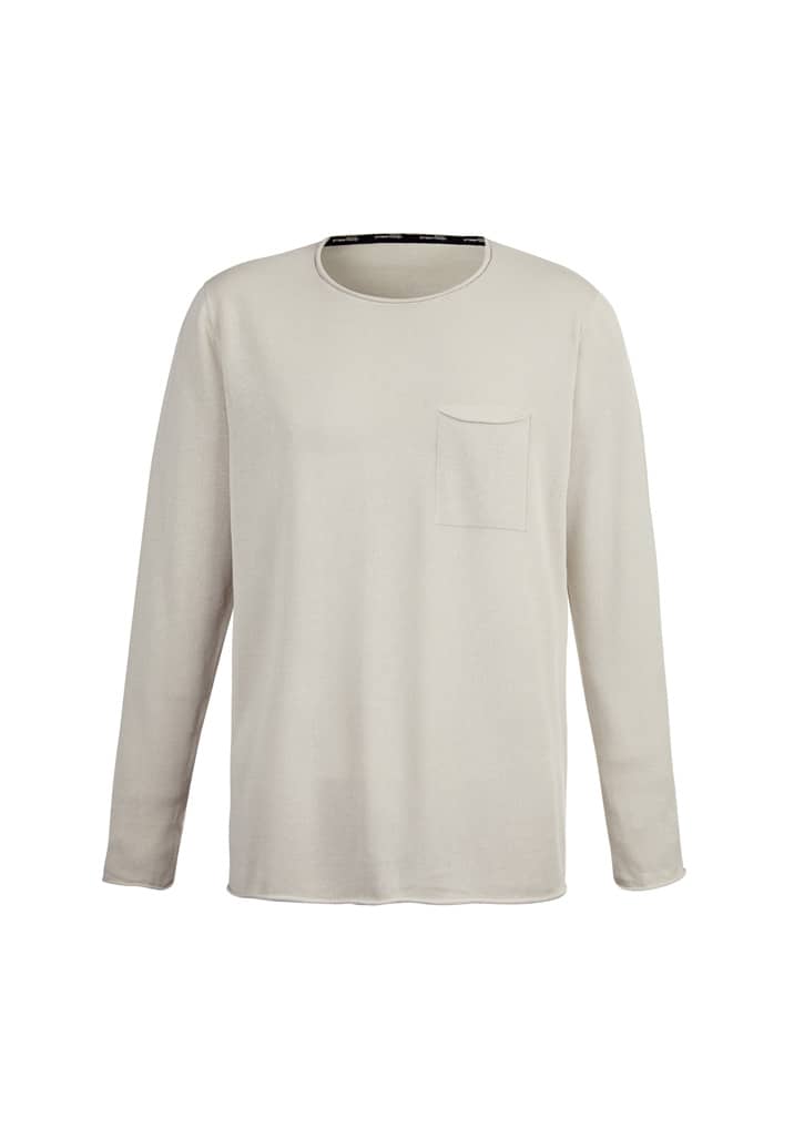 A light beige pullover with long sleeves and a pocket on the front, featuring a logo.