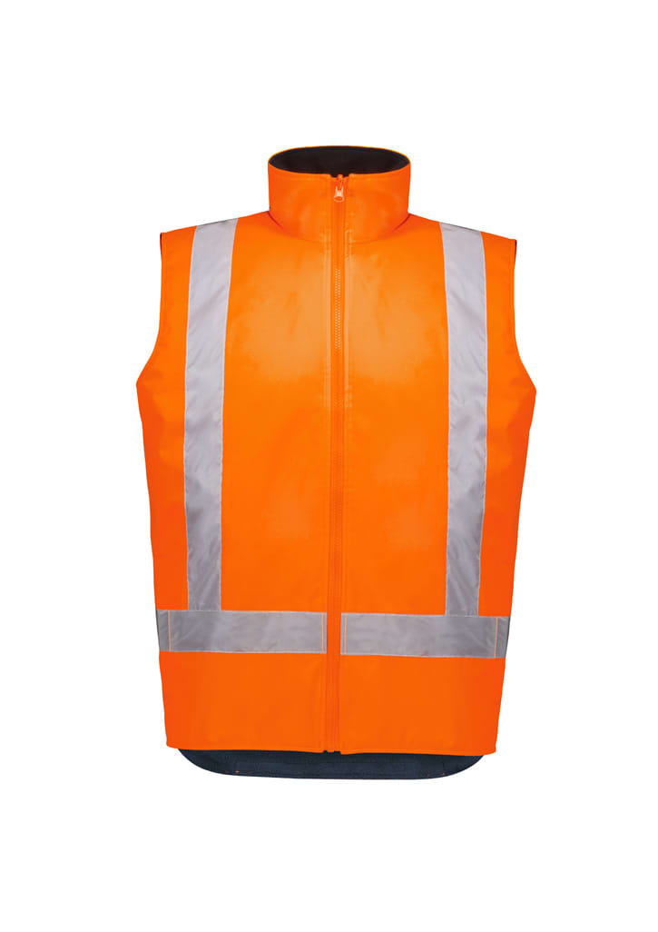 A bright orange reversible vest with reflective stripes and a high collar. It features a logo on the front.