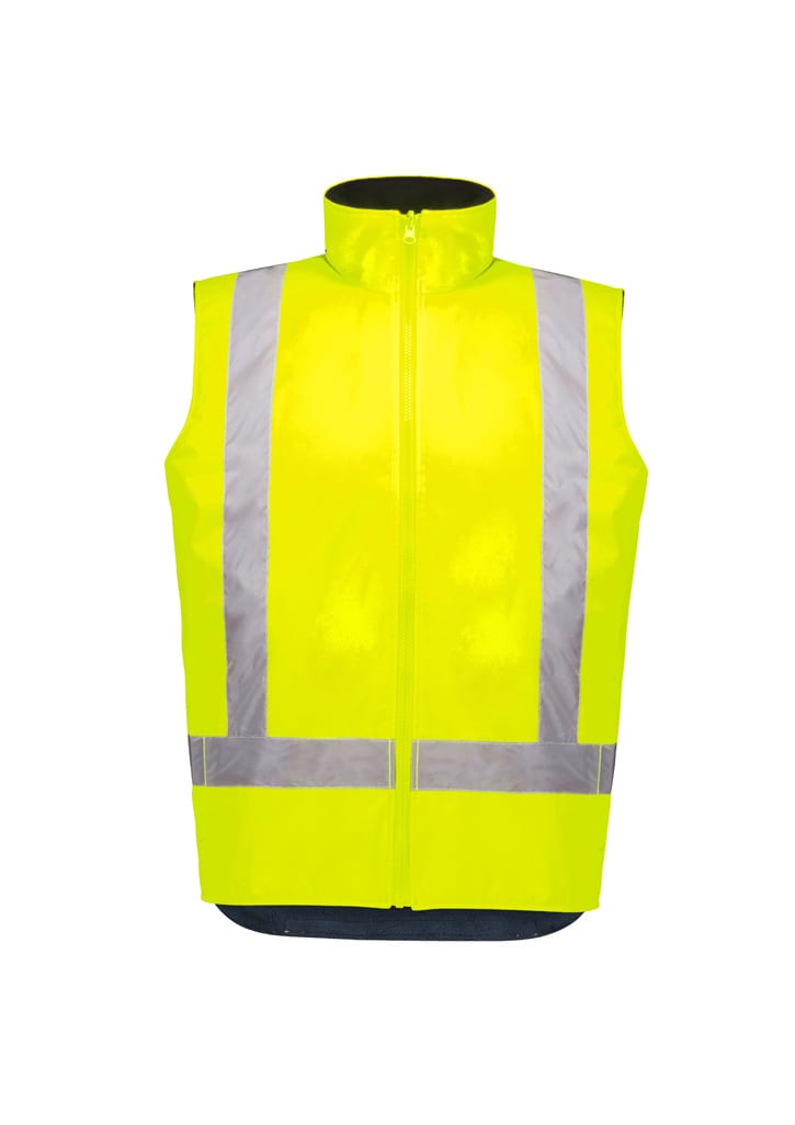 A bright yellow reversible vest featuring reflective strips and a high collar, designed for visibility and waterproof wear.