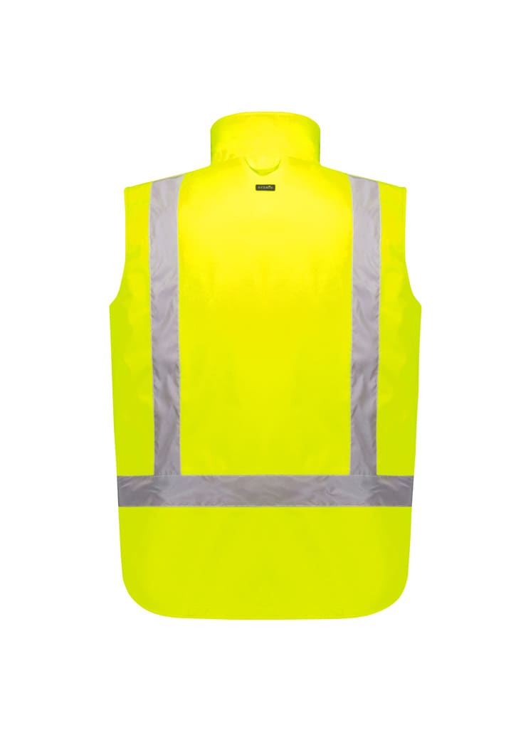 A bright yellow waterproof reversible vest with reflective stripes, featuring a logo on the back.