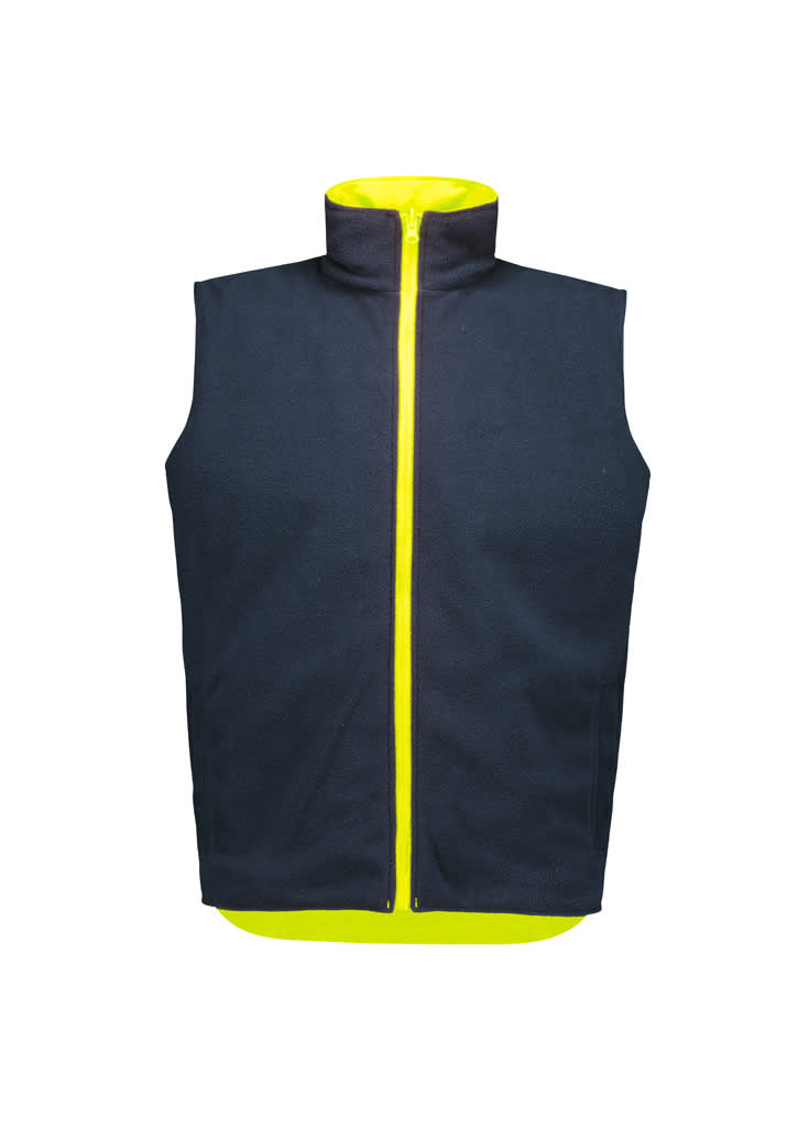 A reversible vest in navy and hi-vis yellow, featuring a full front zip and a collar, with a logo.