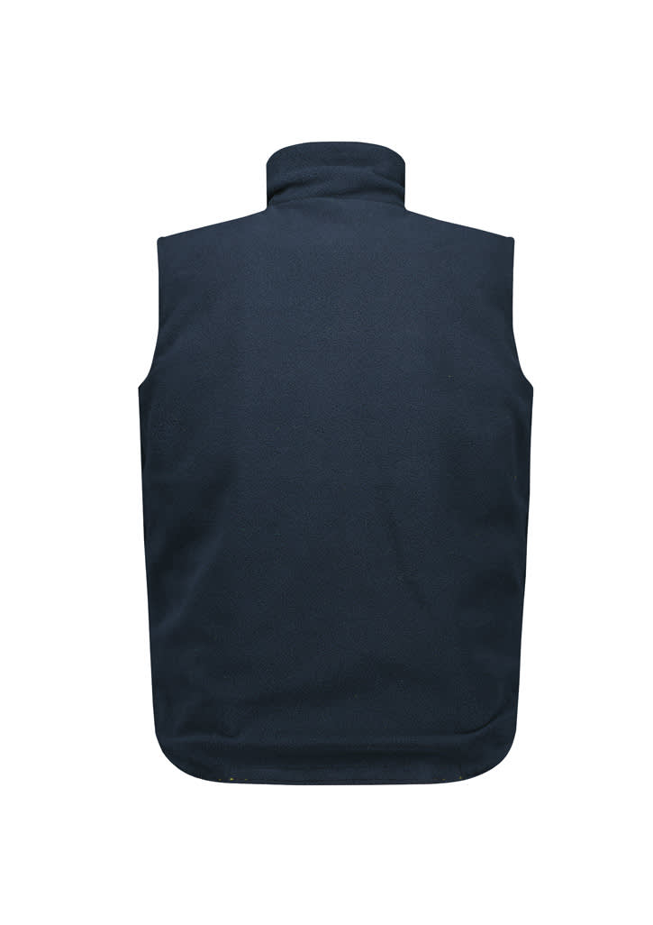 A unisex hi vis waterproof reversible vest in navy blue with a back view. Features a collar and branding.