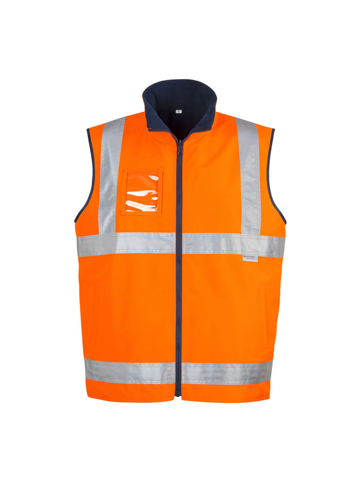 A men's lightweight waterproof vest in bright orange with reflective strips and a front zip closure.