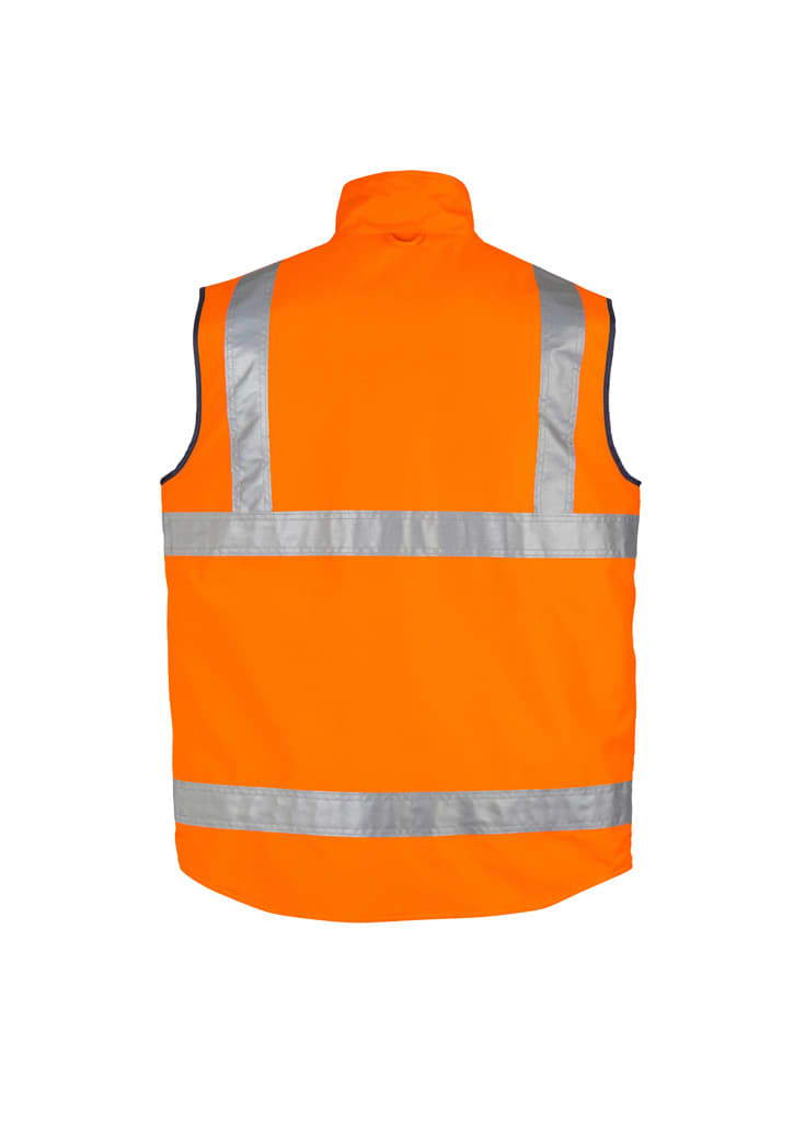 An orange waterproof vest with reflective silver stripes, featuring a high visibility design and a collar.