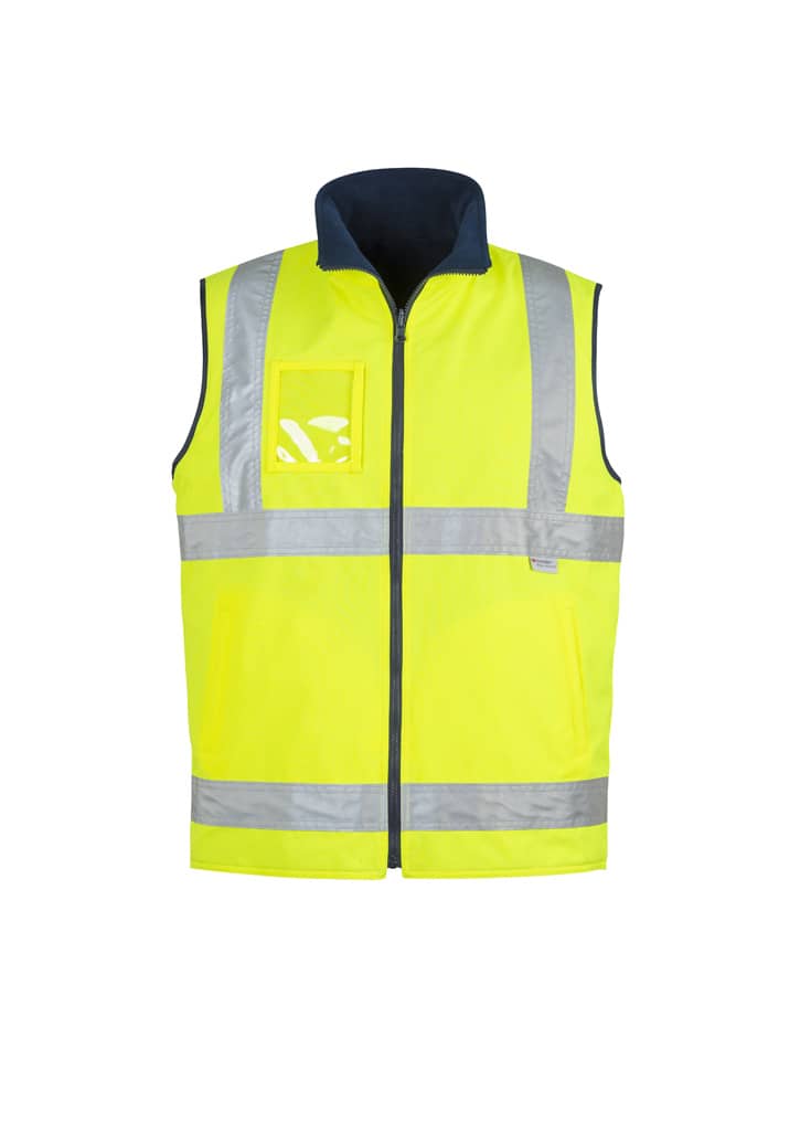 A lightweight waterproof vest in high visibility yellow with reflective stripes and a navy collar, featuring a logo.