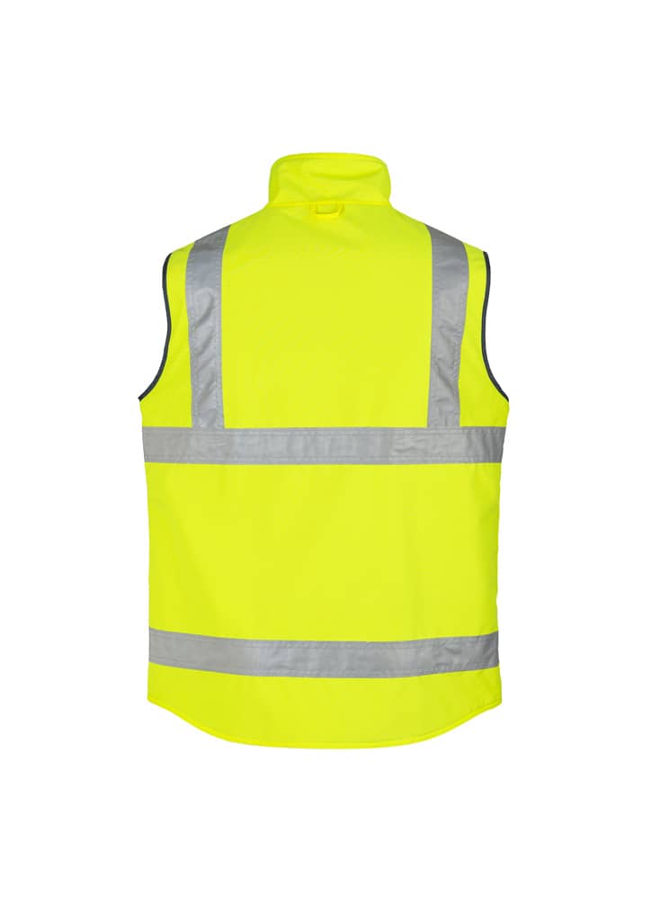 A lightweight waterproof vest in bright yellow with reflective stripes and a high collar. It has a logo branding.