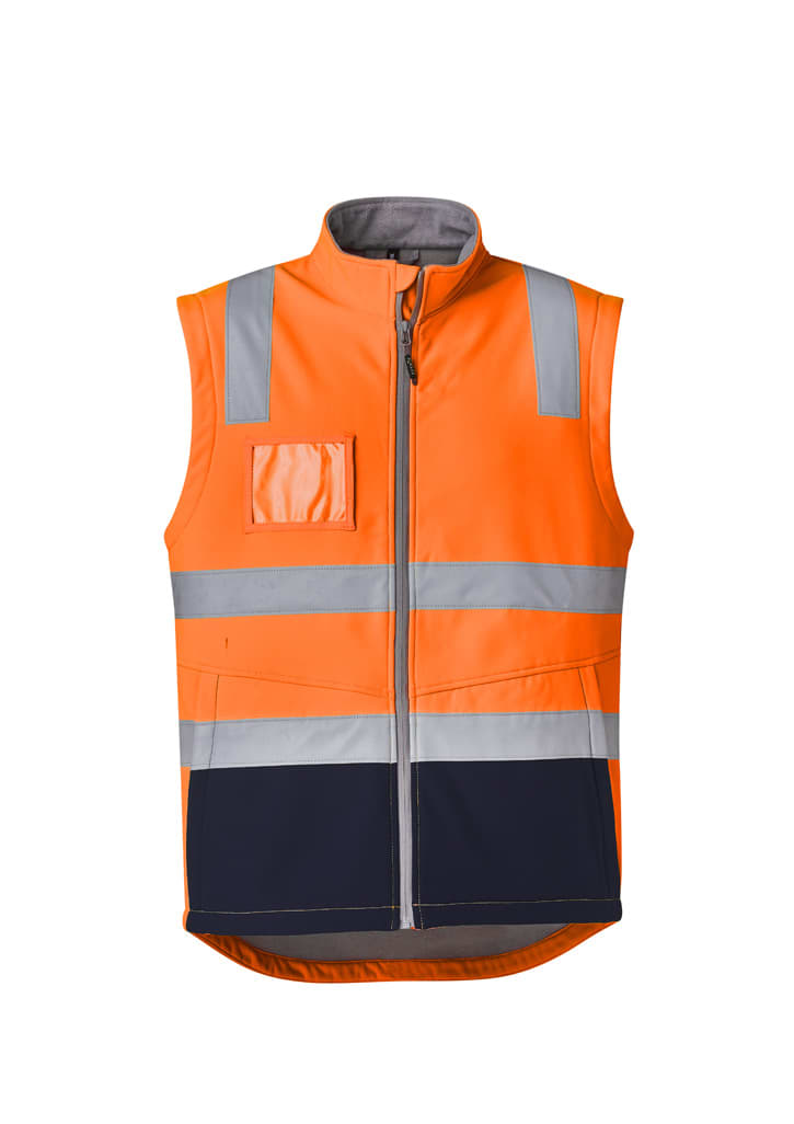 A unisex high visibility softshell vest in bright orange and navy, featuring reflective stripes and a chest pocket.