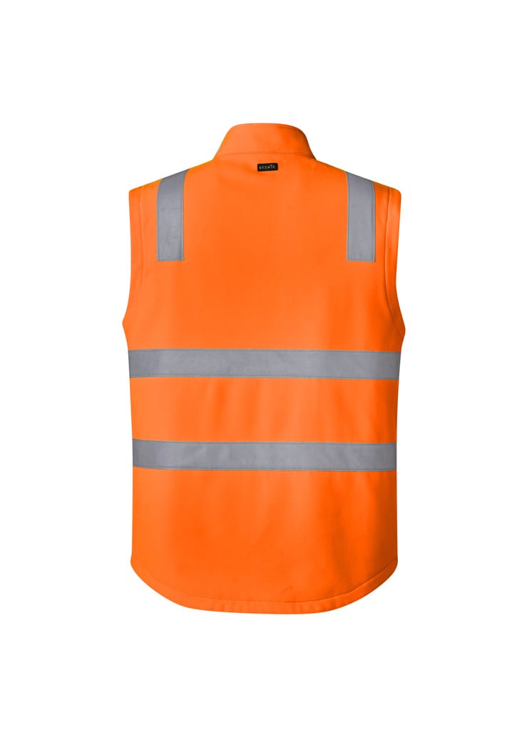 A bright orange unisex hi-vis softshell vest with reflective strips and a logo.