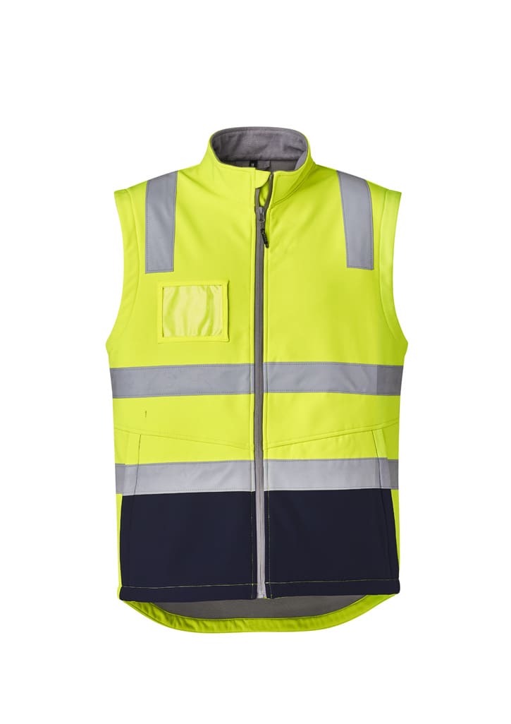 A unisex hi-vis softshell vest in bright yellow with navy accents and reflective stripes. Features a logo.