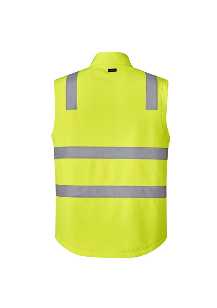 A unisex hi-vis softshell vest in bright yellow with reflective grey stripes and a branding logo.