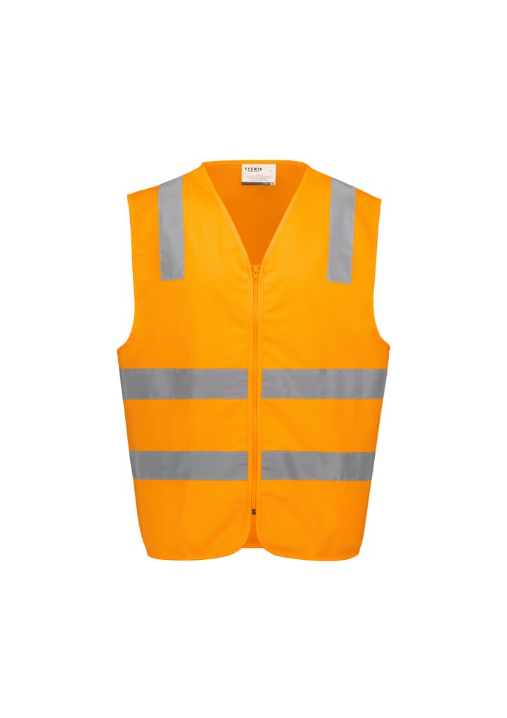 An orange unisex zip vest with reflective silver stripes, designed for safety wear, featuring a logo.