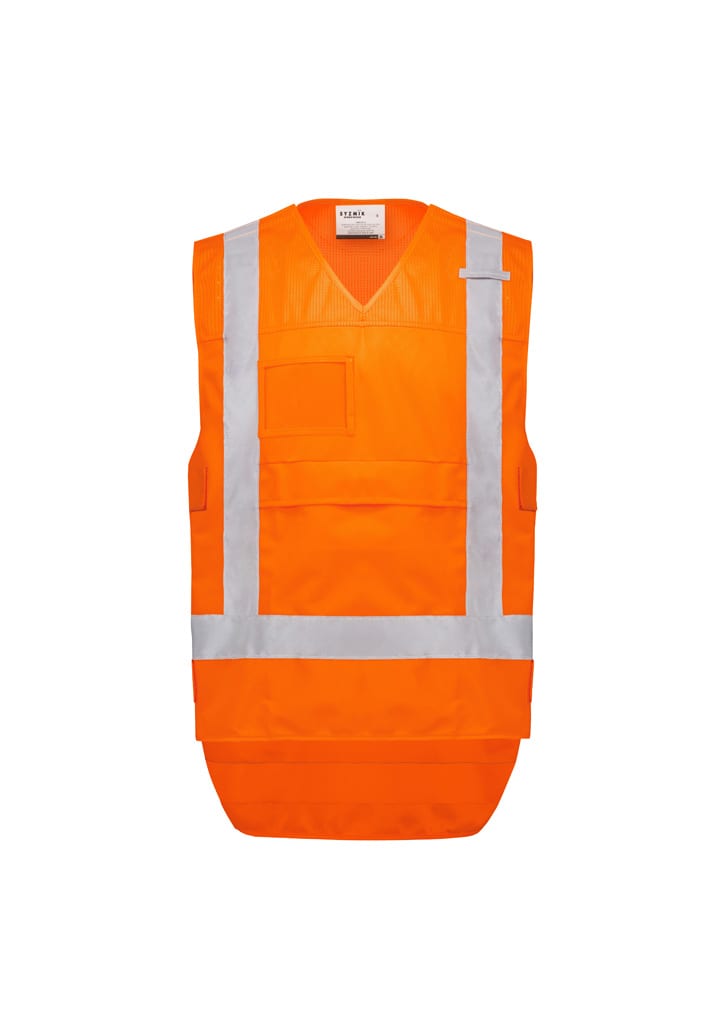 A high visibility orange unisex vest with reflective strips, featuring a front pocket and no sleeves.