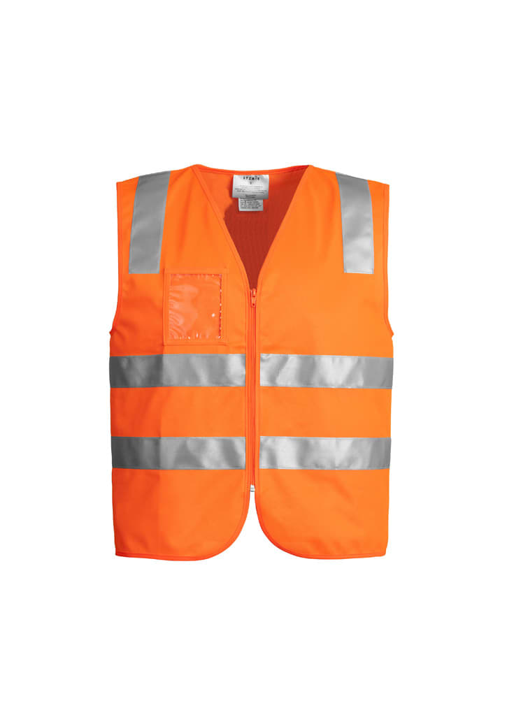 A bright orange unisex hi-vis zip vest with reflective stripes and a logo. Designed for workwear use.