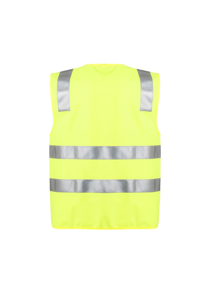 A unisex hi-vis vest in bright yellow with reflective silver stripes. Features a logo on the back.