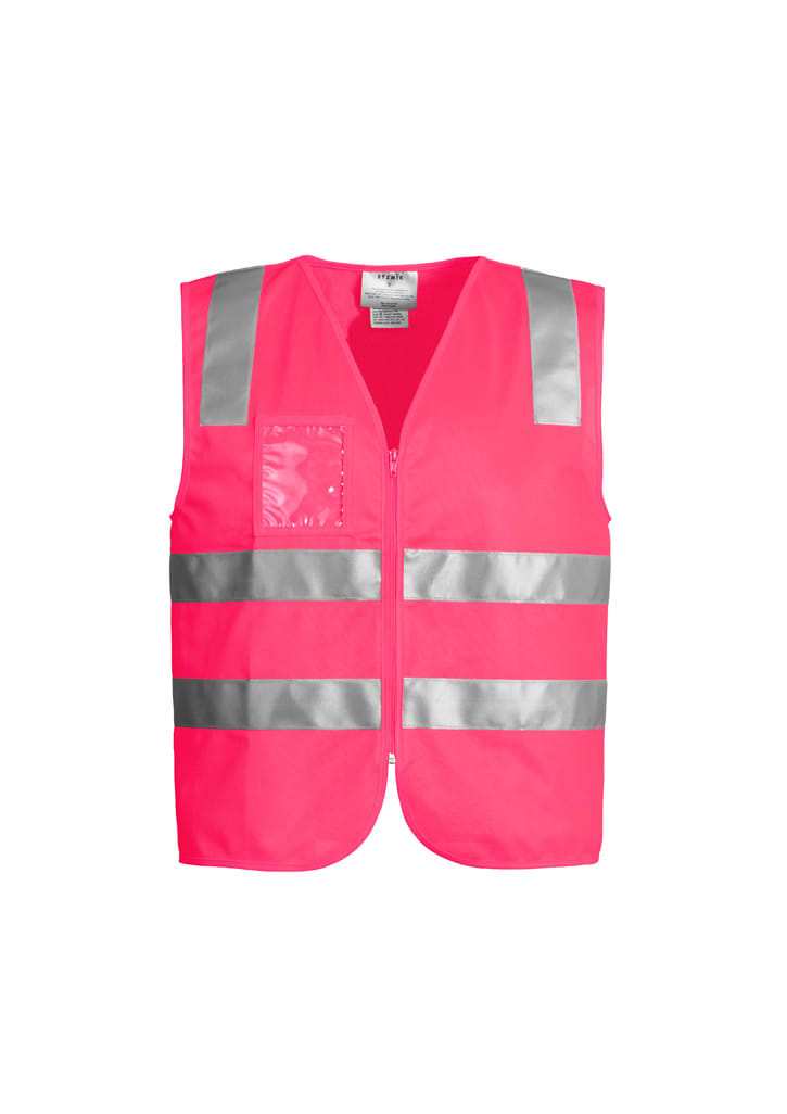 A unisex hi-vis zip vest in bright pink with reflective strips and a clear pocket on the front.