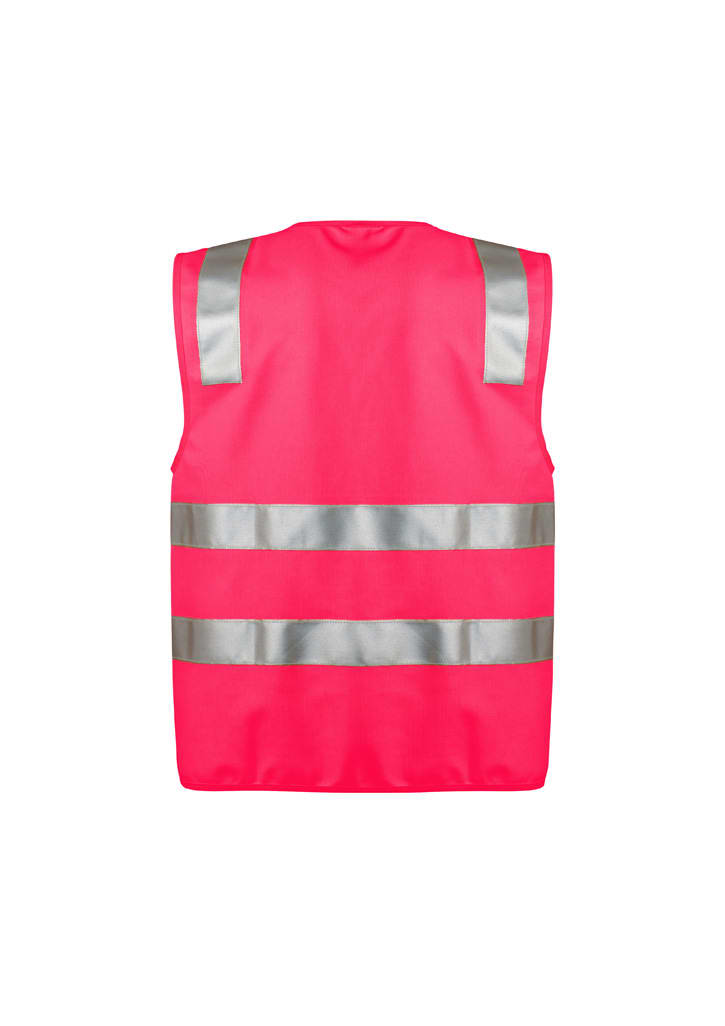 A unisex hi-vis zip vest in bright pink with reflective silver stripes and a logo. Suitable for workwear.