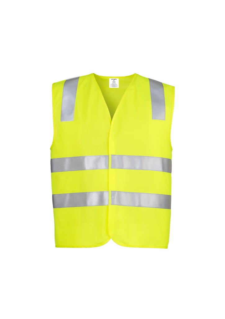A unisex hi-vis vest in bright yellow, featuring reflective stripes and a simple design. Includes a logo.