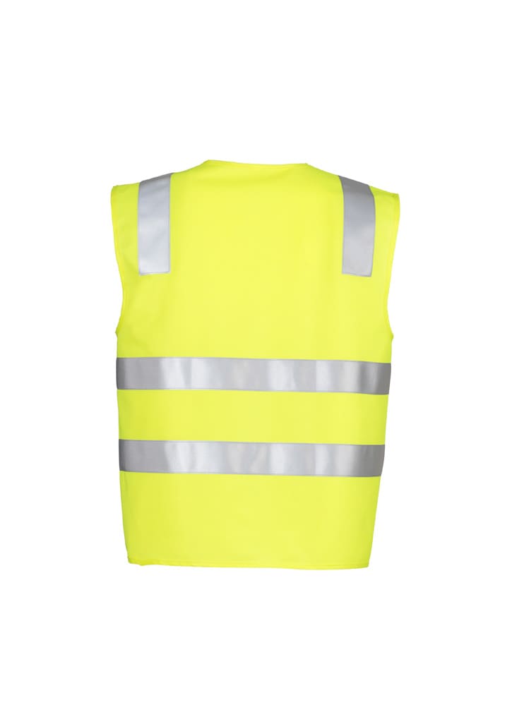 A unisex hi-vis basic vest in bright yellow with reflective stripes and a logo. Ideal for safety wear.