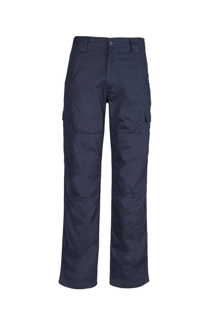 Midweight drill cargo pants in navy blue with a logo, featuring multiple pockets and a relaxed fit.