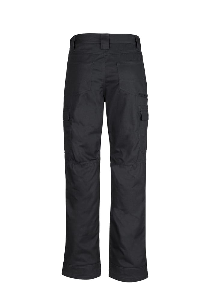 Black men's midweight drill cargo pants with multiple pockets and a logo, viewed from the back.