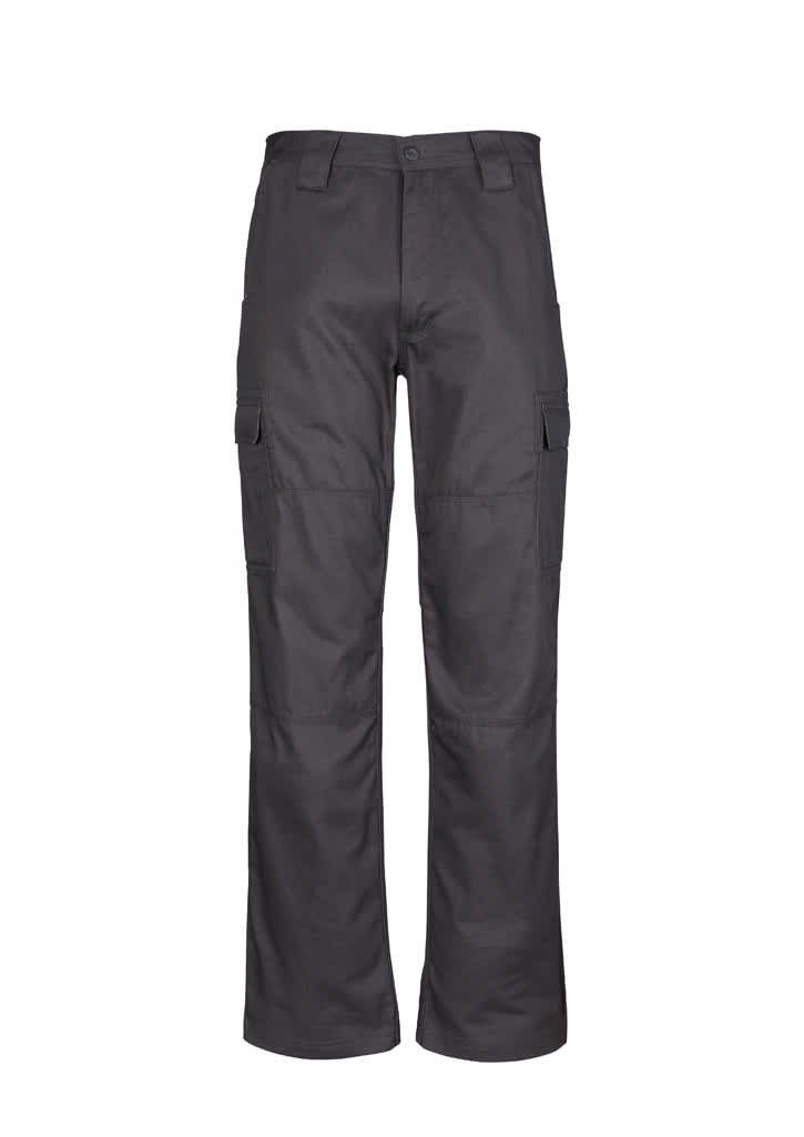 Midweight drill cargo pants in dark grey, featuring multiple pockets and a relaxed fit. Includes a logo.