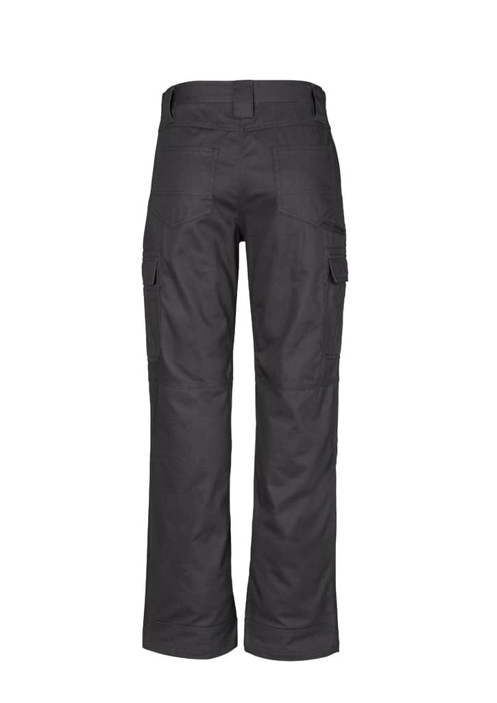 Midweight drill cargo pants in dark grey with multiple side pockets and a branded logo.