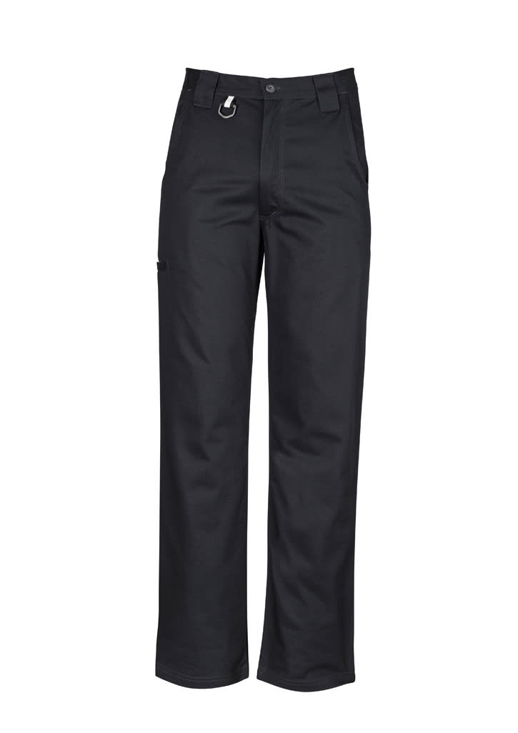Black utility pants with a straight leg design and a logo on the front. Suitable for workwear purposes.